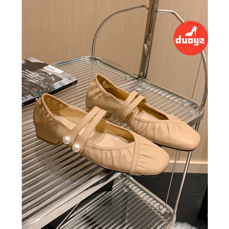 Tóc Thẳng Của Nhà Máy Duoya ~ [Hàng Có Sẵn] RuoDan Mềm ~!Giày Búp Bê Da Mềm Gót Dày Mũi Vuông Xếp Ly Đính Ngọc Trai Thời Trang Cho Nữ