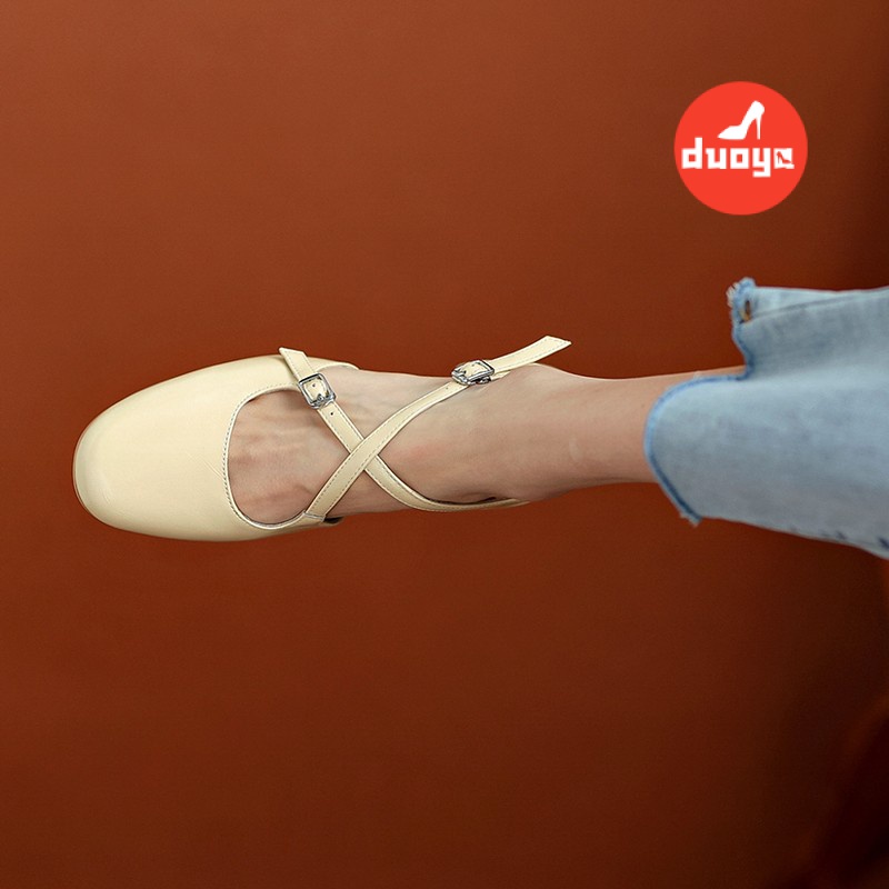 Duoya Tóc Thẳng ~ [Hàng Có Sẵn] Giày Sandal Bít Mũi Gót Vừa Quai Chéo Mary Jane Màu Bạc Mùa Hè Cho Nữ Miễn Phí Vận Chuyển