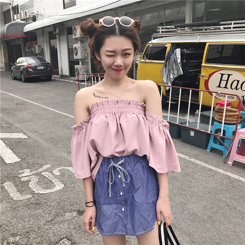 IELGY     Áo chiffon Tay Ngắn Cổ Tròn Trễ Vai Thời Trang Dành Cho Nữ