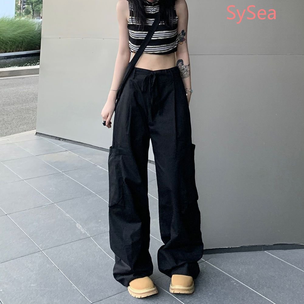 Plus Quần Dài Ống Rộng Phối Túi Phong Cách Retro Mỹ