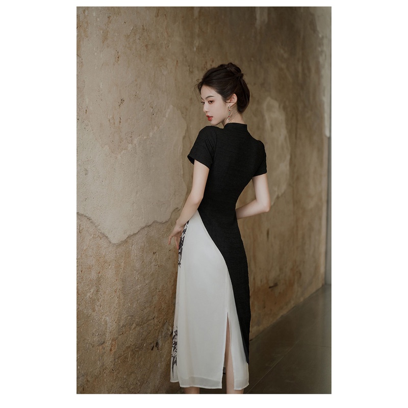 Đầm Sườn Xám Tay Ngắn Màu Đen Phối Ruy Băng Họa Tiết Mực In Phong Cách Trung Hoa Thời Trang Cho Nữ Size S - XXL