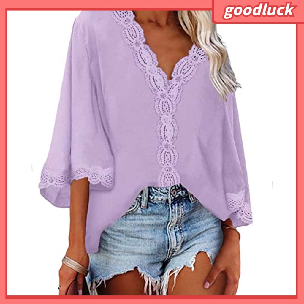 Áo Sơ Mi Tay Loe 3 / 4 Cổ Chữ V Màu Sắc Thời Trang Dành Cho Nữ