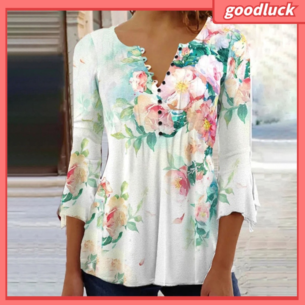 [ULK] Áo Sơ Mi Tay Lửng Dáng Rộng Cổ Chữ V In Hoa Một Hàng Nút Thời Trang Xuân Hè