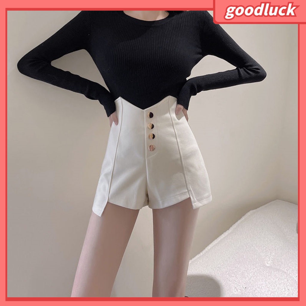 Quần Short Lưng Cao Màu Trơn Phối Nút Co Giãn Tốt Plus Size Thời Trang Đường Phố Cá Tính Cho Nữ