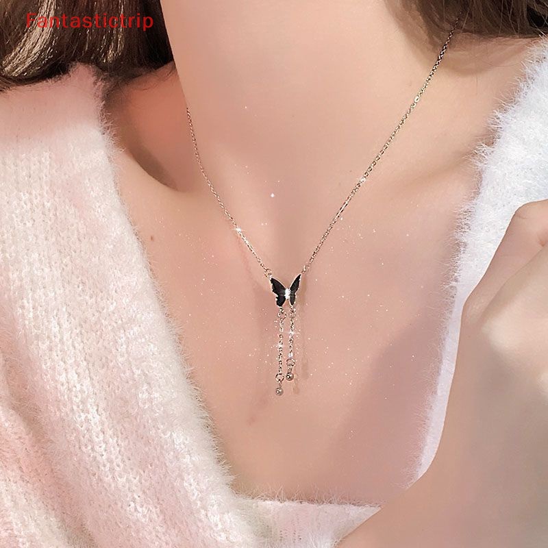 [Fantastictrip] Vòng cổ Nhiều Lớp Mặt Hình Bướm Đen Tua Rua Phong Cách Retro Cá Tính Thời Trang Dành Cho Nữ