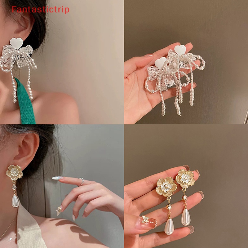 [Fantastictrip] Bông Tai Dáng Dài Đính Ngọc Trai Kim Loại Phong Cách retro Mới