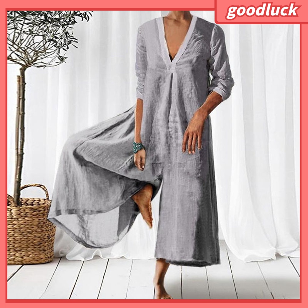 Áo Liền Quần Cổ Chữ V Tay 3 / 4 Ống Rộng Màu Sắc Trơn Thời Trang Mùa Thu Cho Nữ