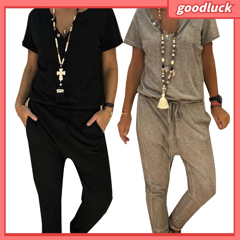 Áo liền quần Tay Ngắn Cổ Chữ V Màu Sắc Thanh Lịch