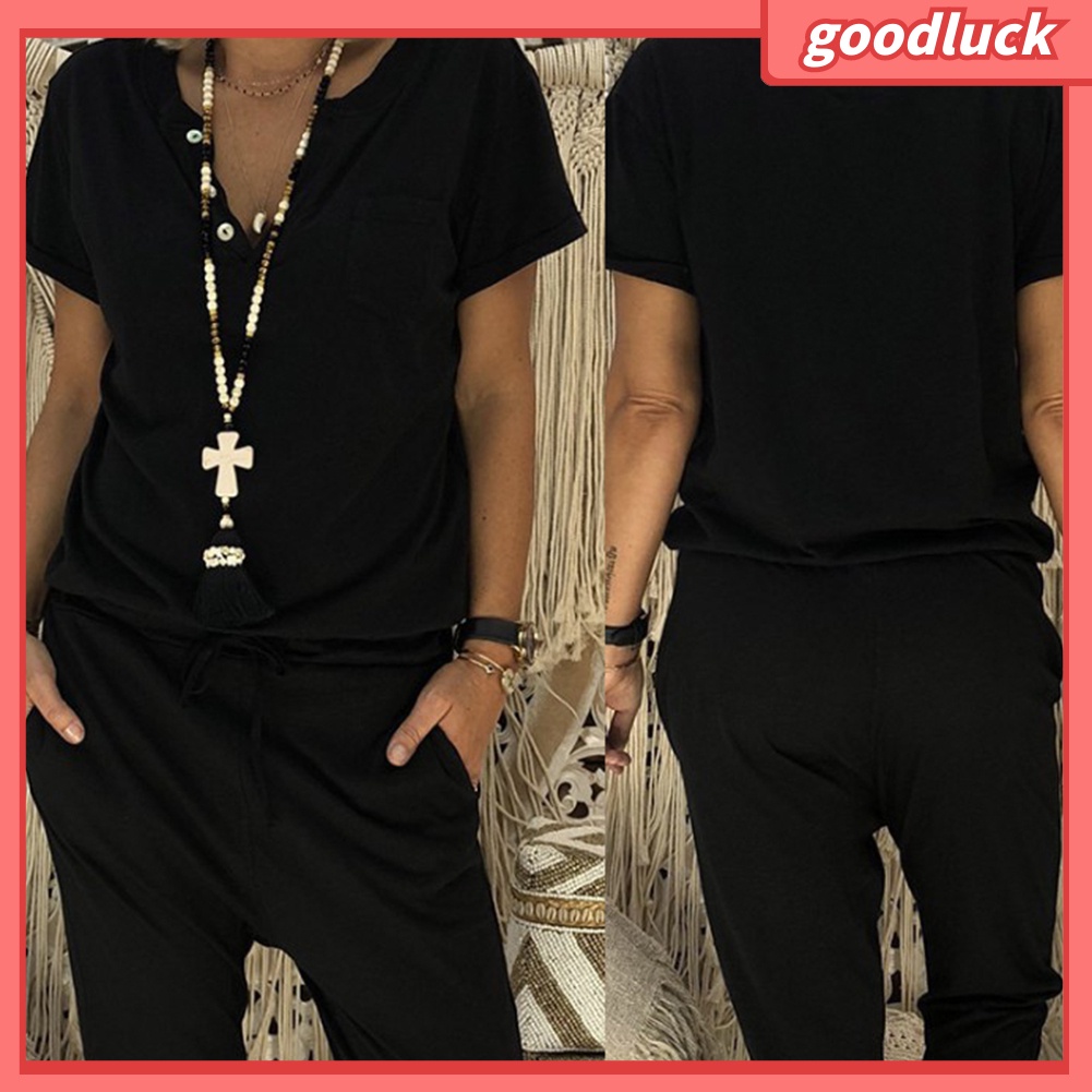 Áo liền quần Tay Ngắn Cổ Chữ V Màu Sắc Thanh Lịch