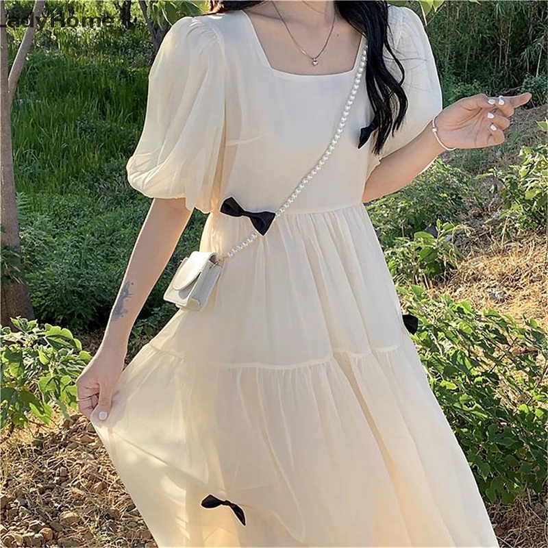 Đầm Midi Dáng Chữ A Cổ Tròn Tay Phồng Đính Nơ Thời Trang Mùa Hè Cho Bạn Gái