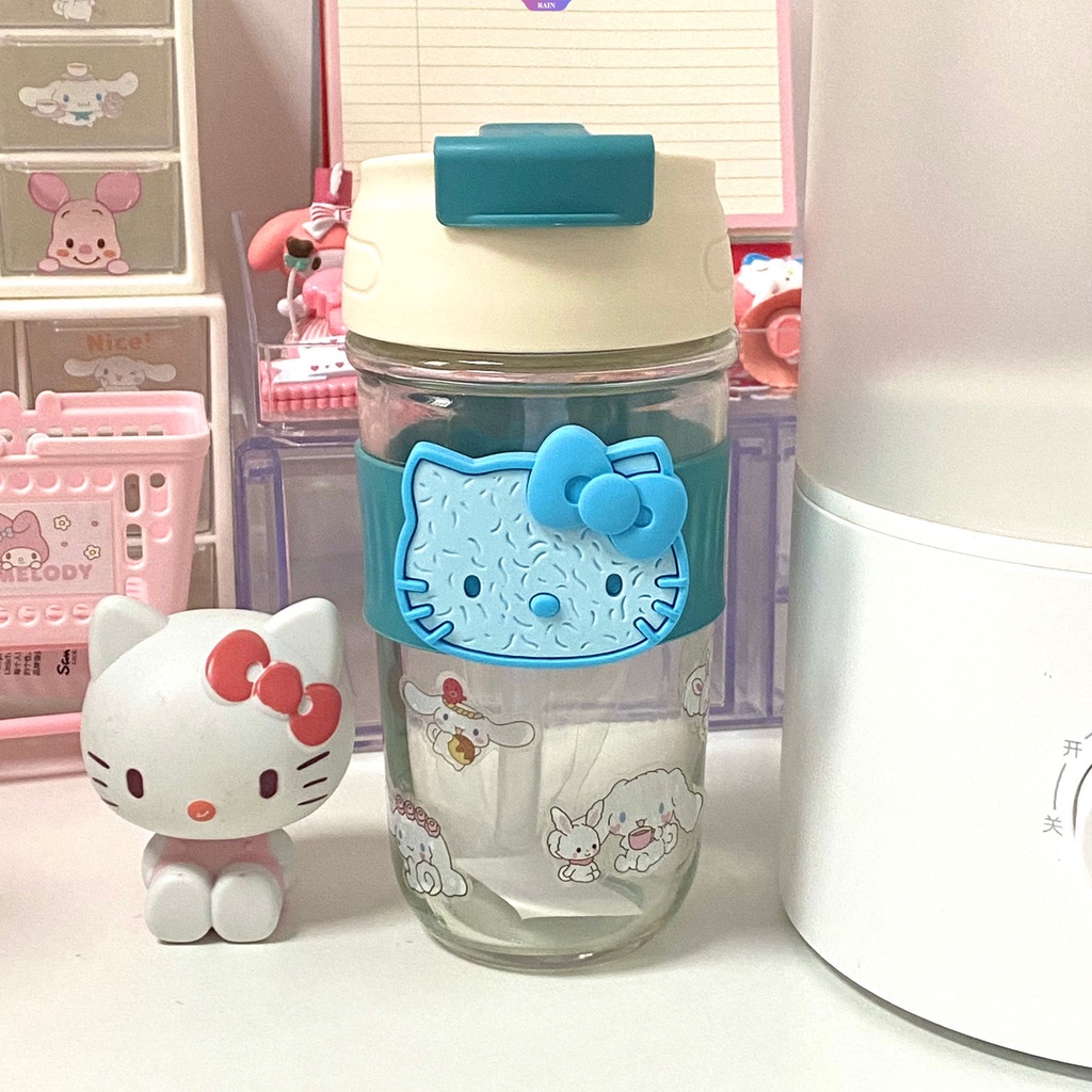 Cốc Thủy Tinh Uống Nước Hai Lớp 450ML In Họa Tiết Hoạt Hình Sanrio Hello Kitty Xinh Xắn