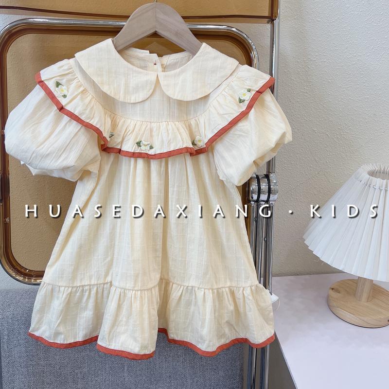 Đầm Công Chúa Tay Ngắn Cổ Búp Bê Thêu Họa Tiết Xinh Xắn Thời Trang Mùa Hè Cho Bé Gái 90-120cm