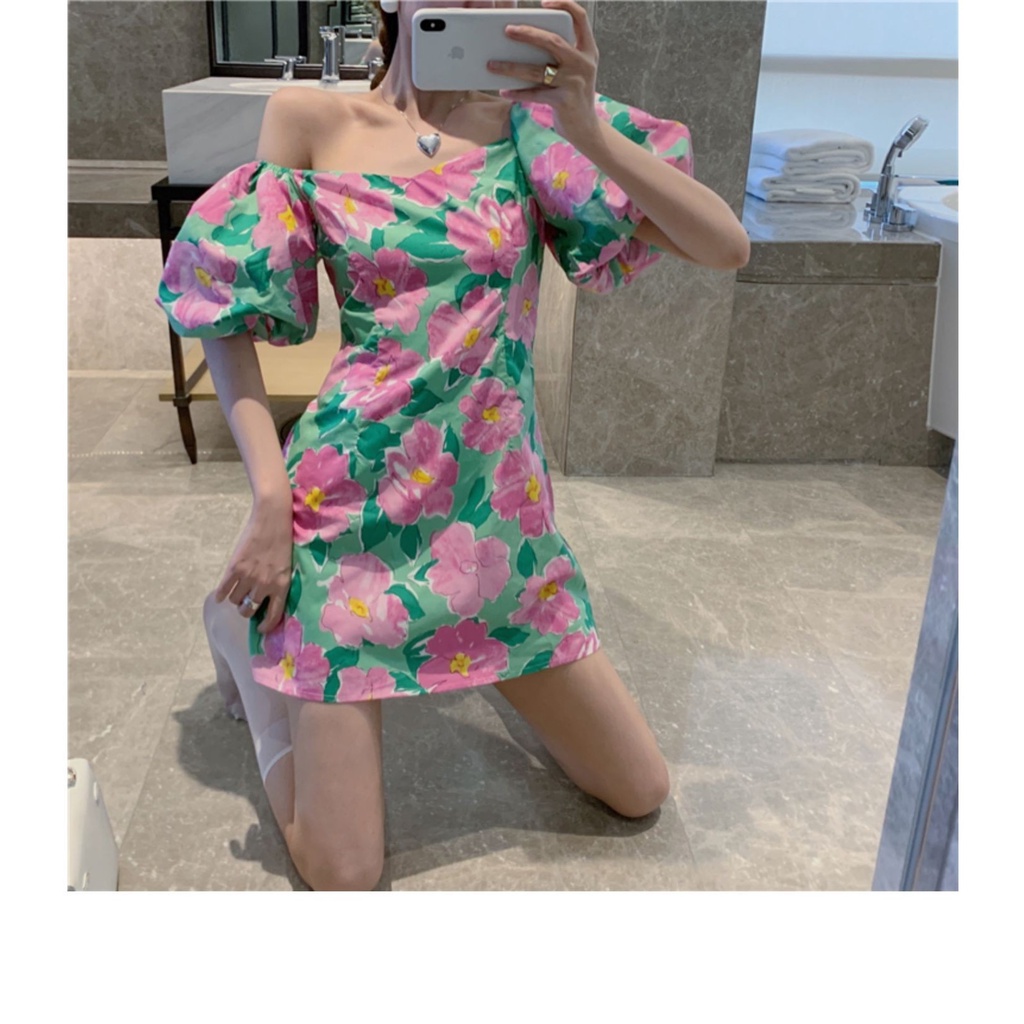 Đầm Dáng Chữ A Cao Cấp Tay Phồng In Họa Tiết Phong Cách Hàn Quốc Cổ Điển Thanh Lịch Thời Trang Mùa Hè Cho Nữ