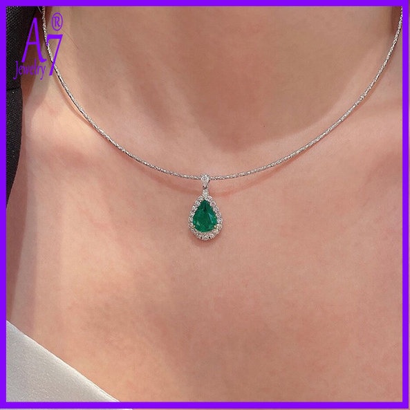 A7 | Vòng cổ Bạch Kim Đính Pha Lê Xanh Sang Trọng A925 Y1194