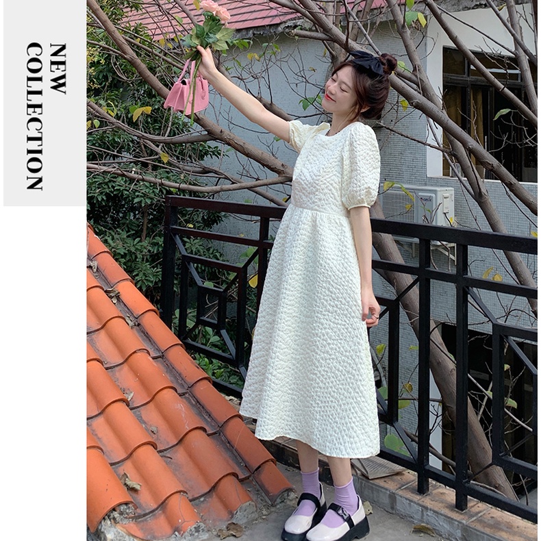Đầm Tay Ngắn Cổ Tròn Xếp Ly Kiểu Pháp Thời Trang Mùa Hè Ngọt Ngào