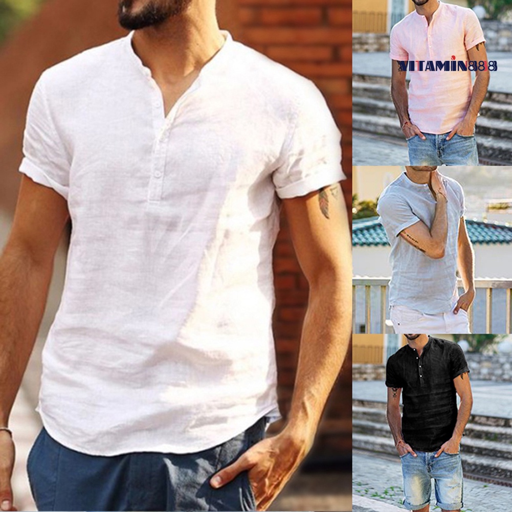 Áo Sơ Mi Cotton Lanh Cổ Chữ V Màu Sắc Đơn Giản Thời Trang Mùa Hè Cho Nam Giới