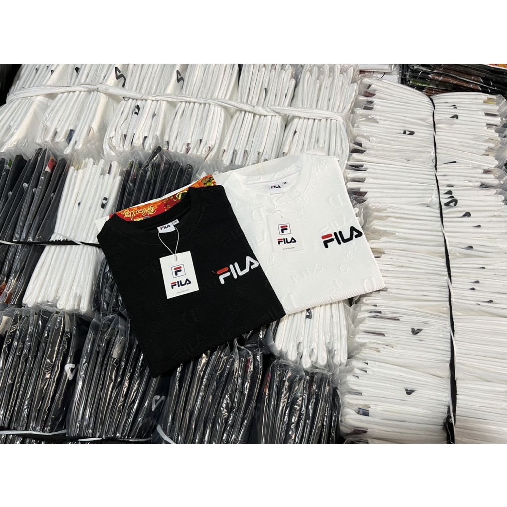 Áo Thun Nam Tay Ngắn Cổ Tròn Dập Vân Nổi Hoa Văn Thêu Chữ Fila, Chất Thun Cotton