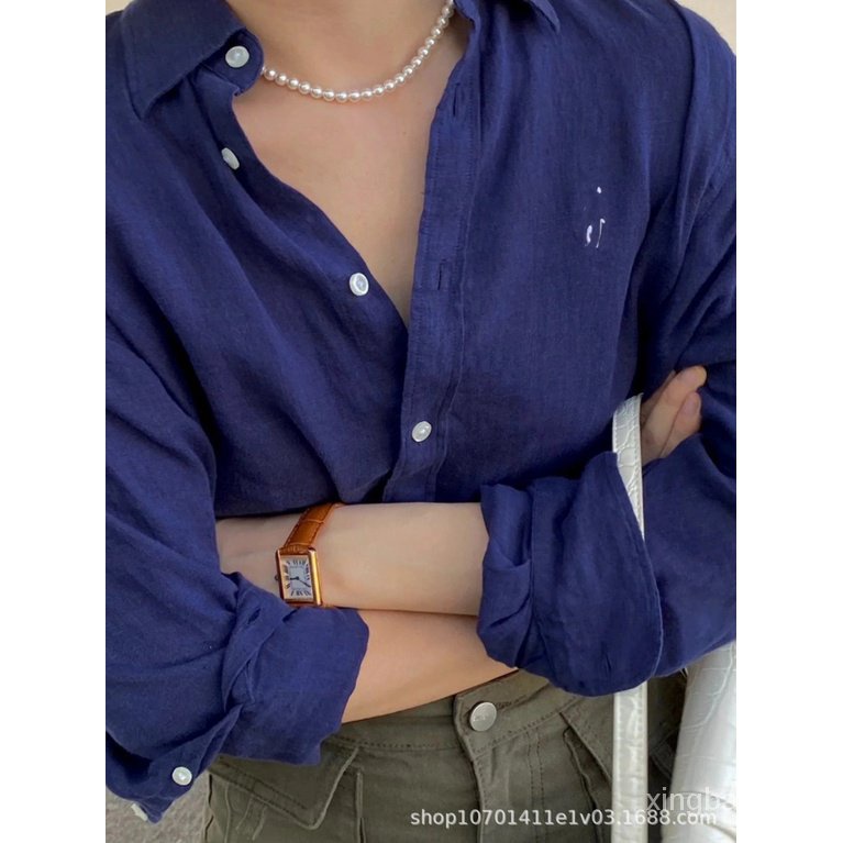 ZDBW Ralph Lauren summer pony embroidered linen shirt Women's simple classic logo loose all-match long sleeve shirt