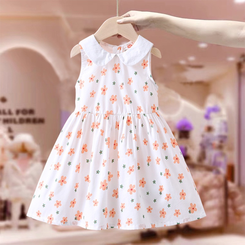 Đầm Sát Nách Cổ Búp Bê In Họa Tiết Hoa Xinh Xắn Cho Bé Gái