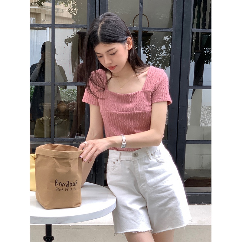 SUXI Áo Thun Tay Ngắn Cổ Vuông Họa Tiết Kẻ Sọc Thời Trang Mùa Hè