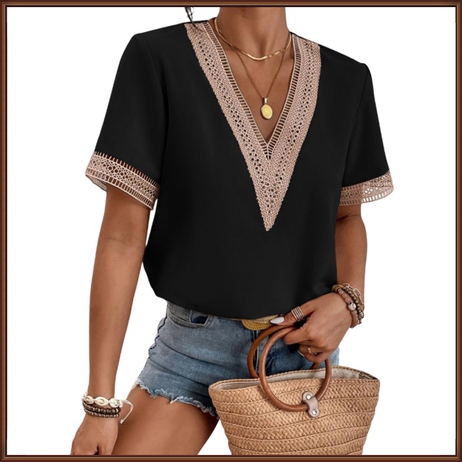Áo Thun 100% Polyester 2023 Tay Ngắn Cổ Chữ V Phối Ren Dáng Rộng Cho Nữ
