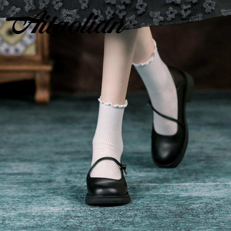 Giày Búp Bê Da Thật Mũi Tròn 3cm Phong Cách Lolita Đơn Giản Thời Trang Cho Nữ