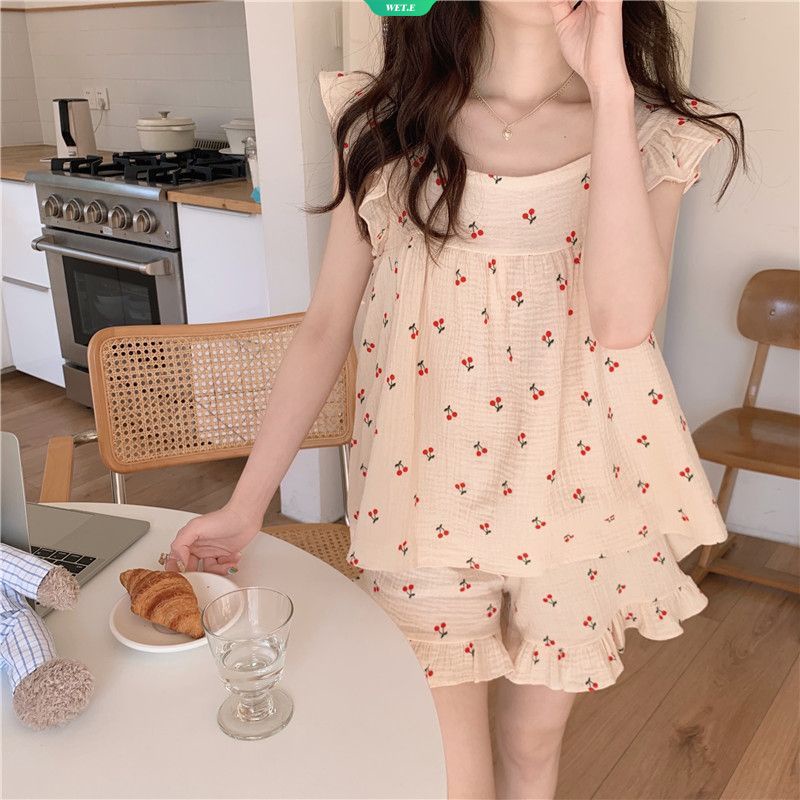 Bộ Đồ Ngủ Hai Dây Diềm Xếp Nếp In Họa Tiết Cherry Sáng Tạo Phong Cách Hàn Quốc Thời Trang Mùa Hè Hàng Mới 2023 Dành Cho