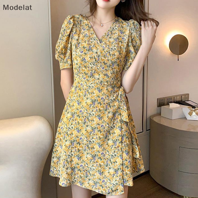 Đầm Tay Ngắn Cổ Chữ V In Họa Tiết Vintage Thời Trang Mùa Hè Cho Nữ