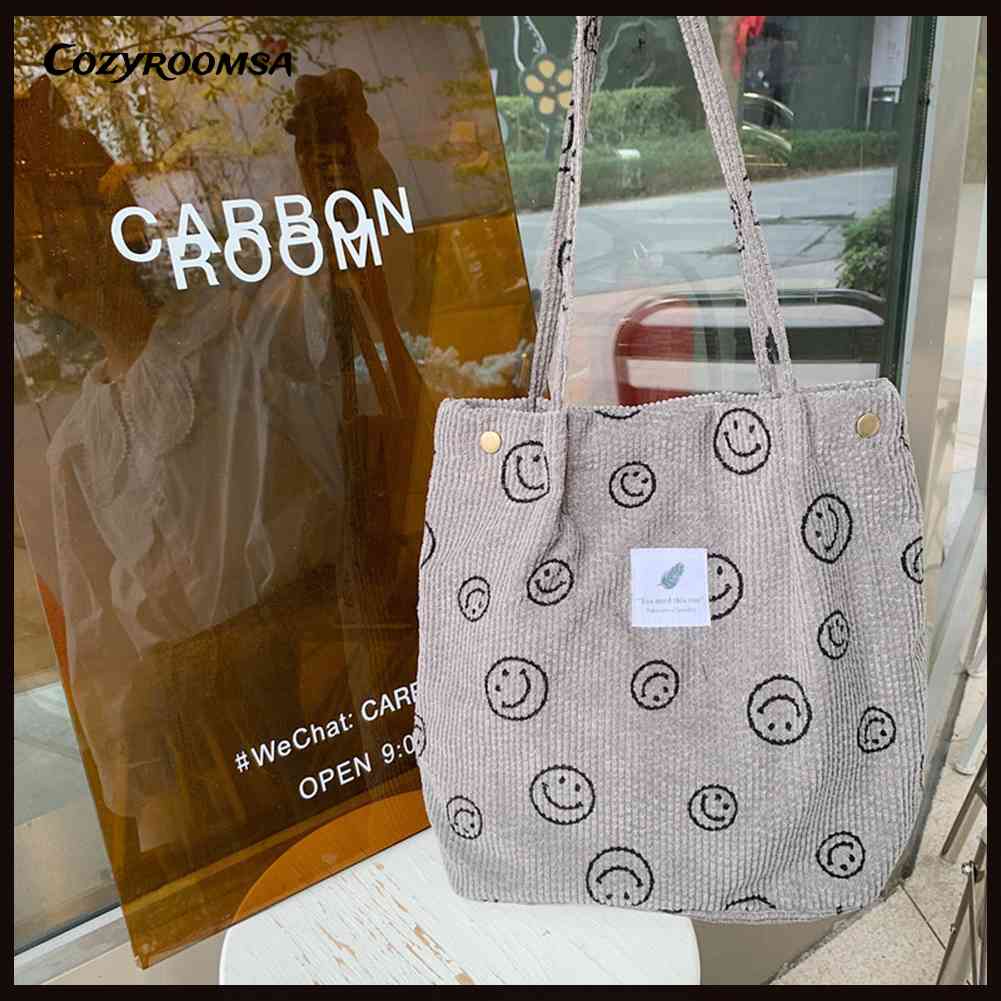 Túi Xách Tote Vải Nhung Kẻ Retro Hình Mặt Cười Dễ Thương Cho Nữ Sinh
