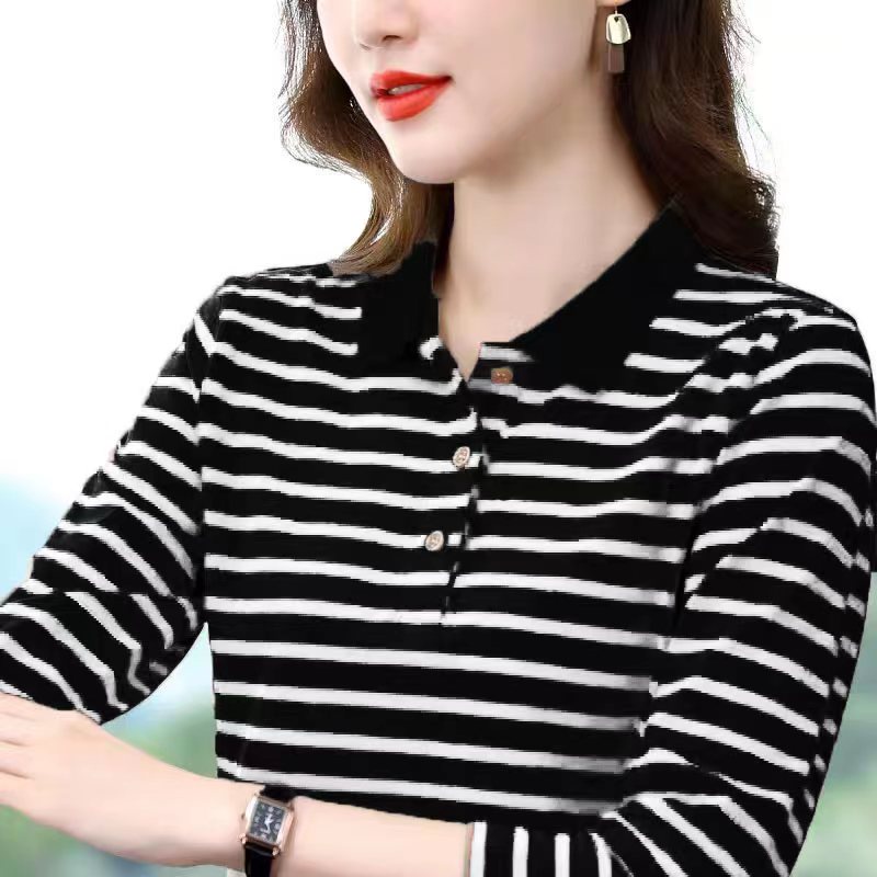 Áo polo Tay Dài Cổ Chữ V Họa Tiết Kẻ Sọc Thời Trang Cho Nữ