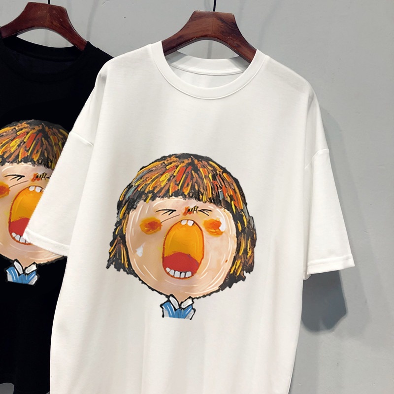 Áo Thun 100% Cotton Tay Ngắn Cổ Tròn In Họa Tiết Phong Cách Hàn Quốc Cho Nữ