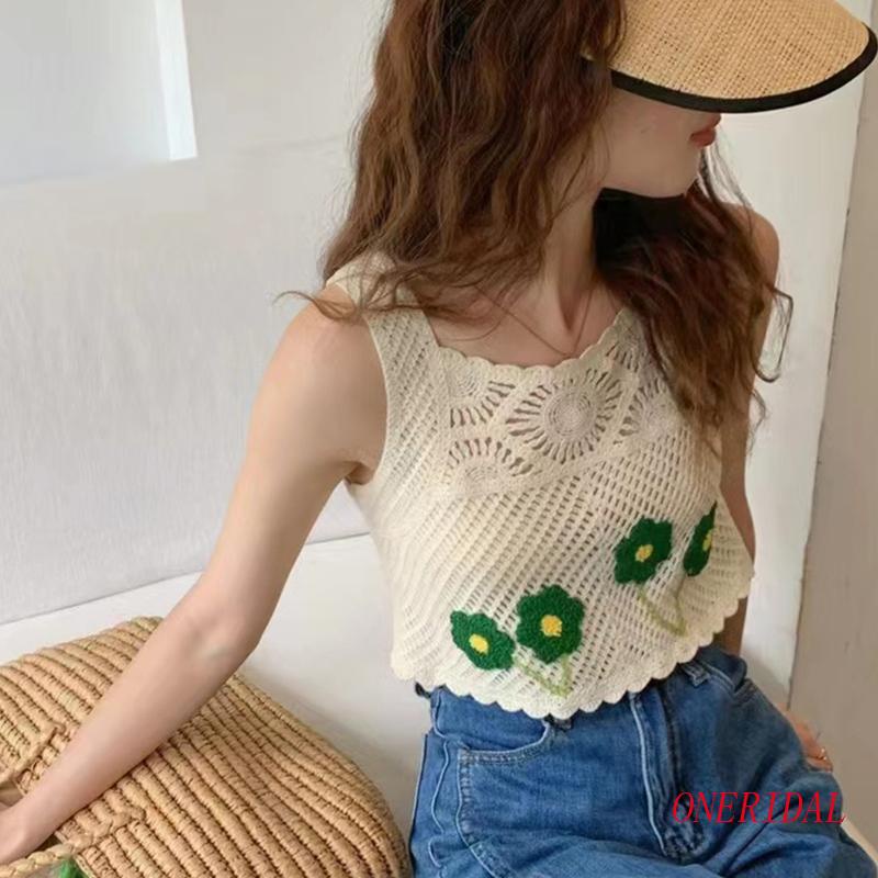 Áo Croptop Dệt Kim Không Tay Thêu Họa Tiết Hoa Phong Cách Boho Dành Cho Nữ