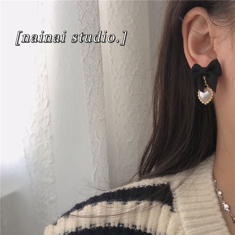 Bông Tai Hình Nơ / Trái Tim Bằng Nhung Đen Đính Ngọc Trai Thời Trang Lãng Mạn Cho Nữ