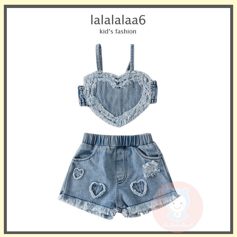 Laa6-Áo hai dây Không Tay Trái Tim Và Quần Short Denim Rách Co Giãn Cho Bé Gái