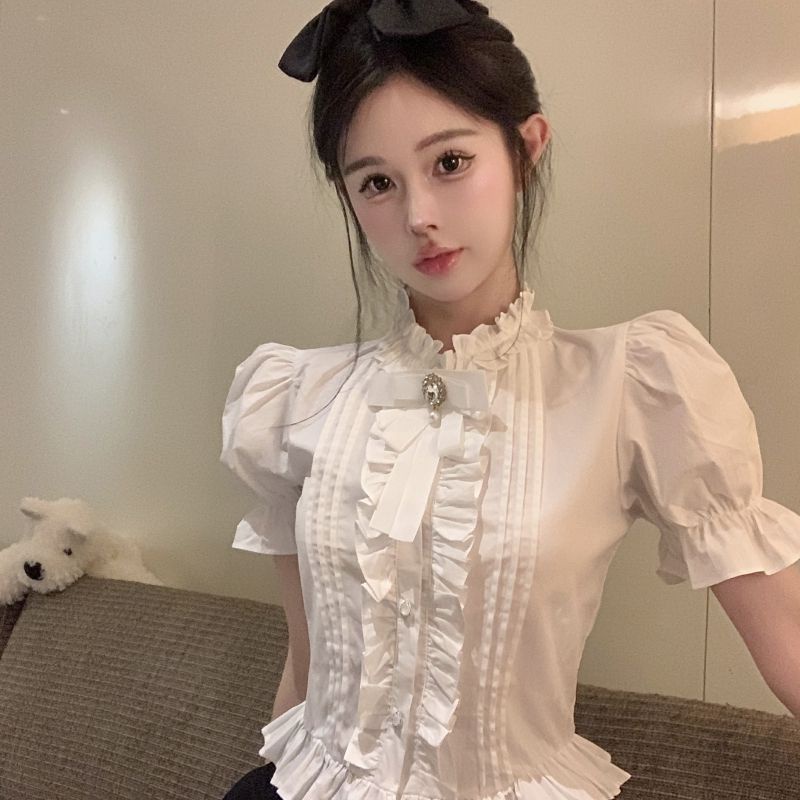 Áo Sơ Mi Tay Ngắn Dáng Ôm Thắt Nơ Phong Cách Pháp Thời Trang Mùa Hè Xinh Xắn Cho Nữ