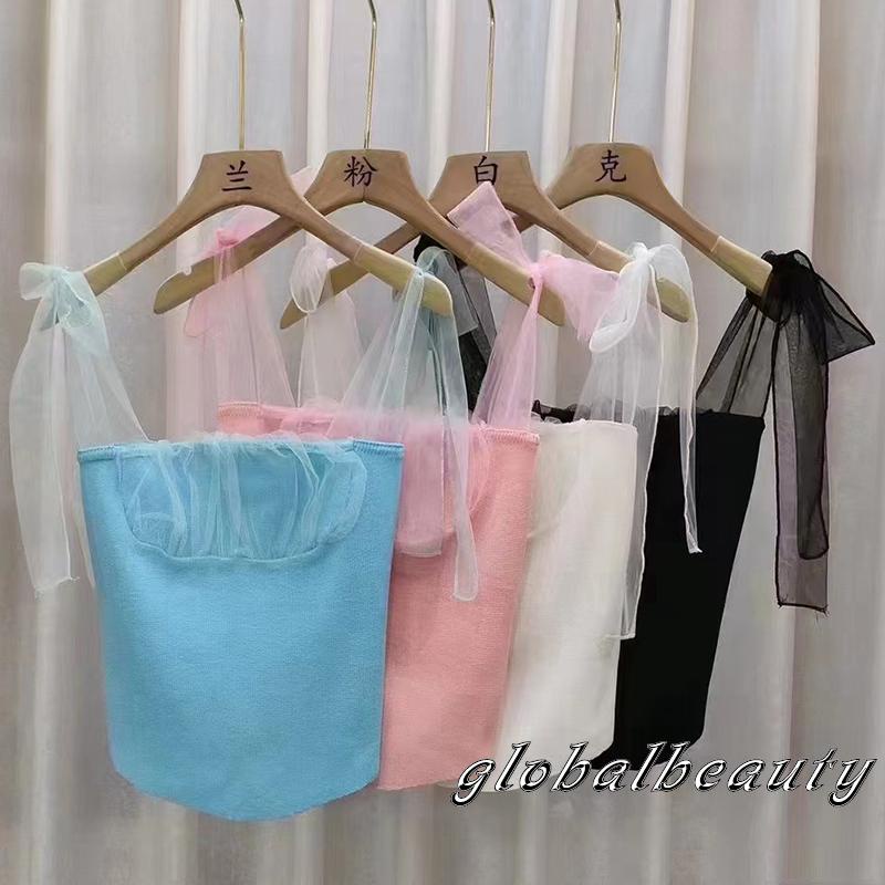 Áo Hai Dây Phối Vải Tuyn Mỏng Cột Dây Thời Trang Mùa Hè Cho Nữ