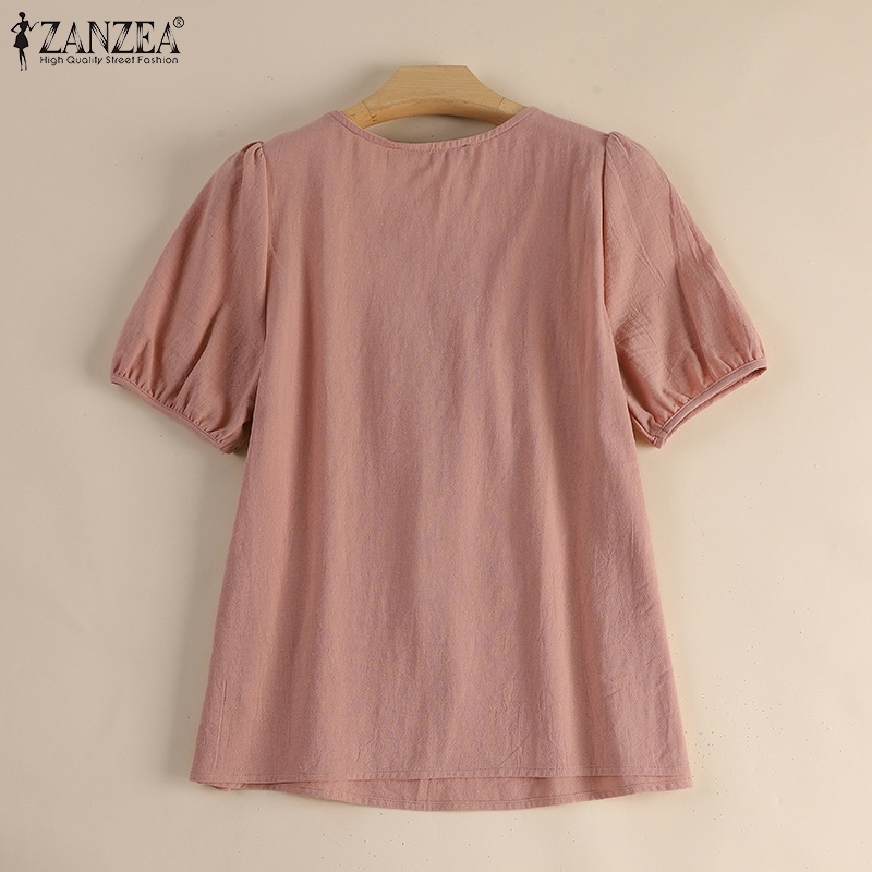 ZANZEA Áo Kiểu Cotton Tay Ngắn Phồng Cổ Vuông Màu Trơn Thời Trang Hàn Quốc Cho Nữ