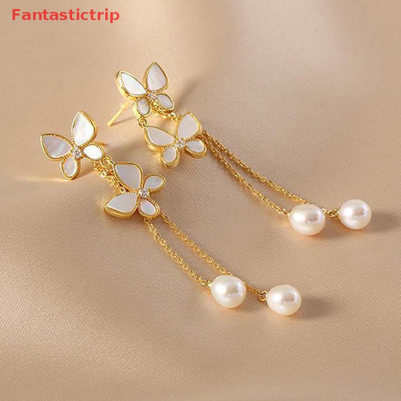 1 Đôi Bông Tai Dáng Dài Hình Bướm Đính Ngọc Trai Lãng Mạn Thời Trang Cho Nữ