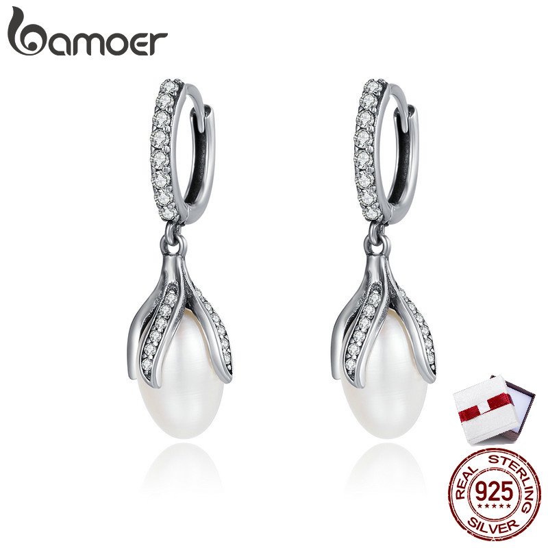 Đôi khuyên tai Bamoer bạc tạo hình hoa đính ngọc trai sang trọng cho nữ