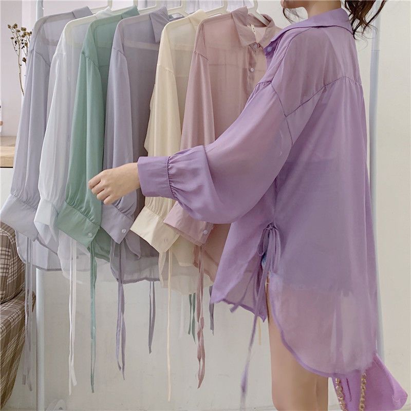 Áo Sơ Mi Tay Dài Chống Nắng Dáng Rộng Xẻ Tà Cột Dây Phong Cách Mới Cho Nữ @ -
