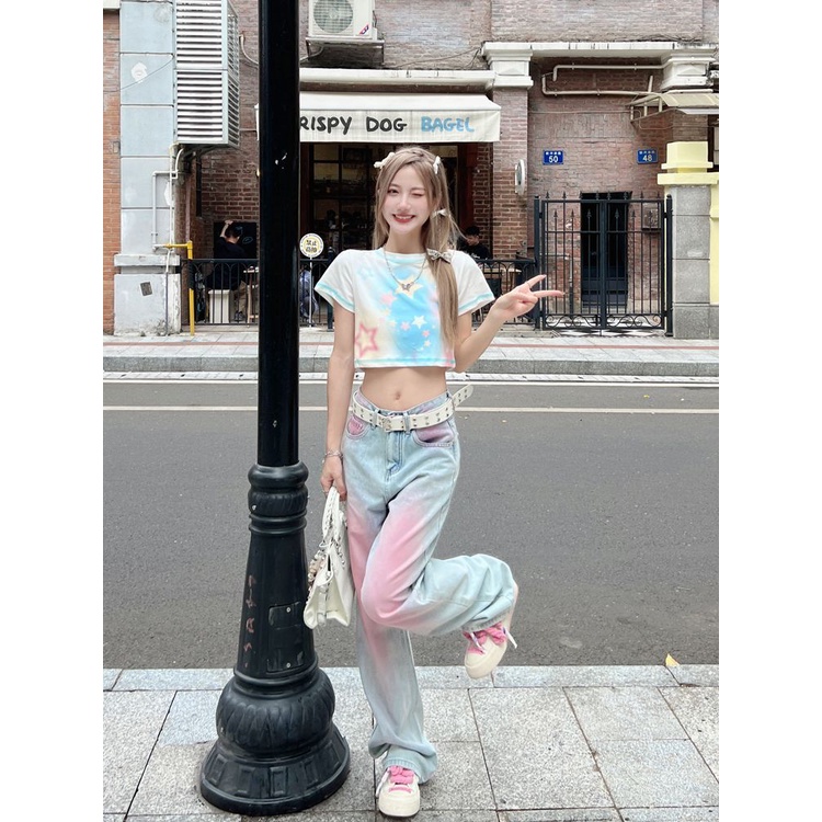 Quần Jean Ống Rộng Màu Sắc Tương Phản Graffiti Phong Cách Mỹ Thời Trang Mùa Hè Cho Nữ