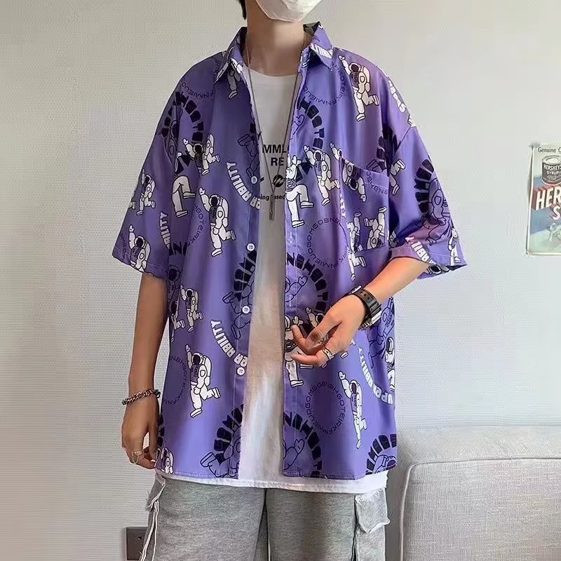 Áo Sơ Mi Tay Lửng Dáng Rộng In Họa Tiết Phong Cách Hong Kong Thời Trang Mùa Hè Hàng Mới Dành Cho Bạn Nam