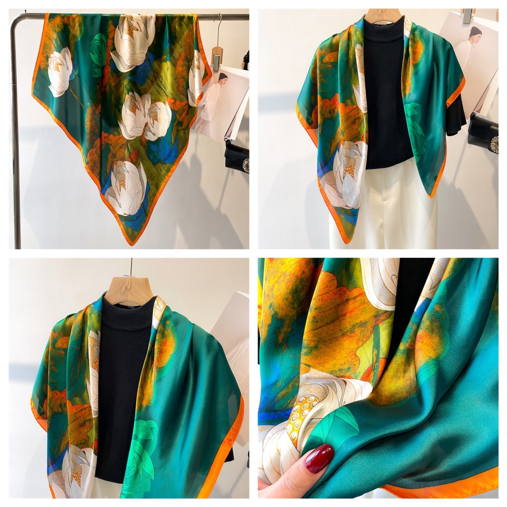 Khăn Choàng Cổ Hình Vuông 90 * 90CM Bằng Lụa In Họa Tiết Hoa Sen Thời Trang Thu Đông Cho Nữ