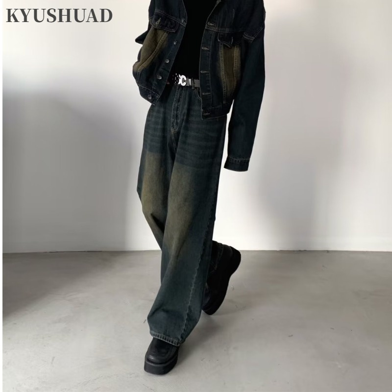Kyushuad Quần Jean Dài Dáng Rộng Ống Suông Phối Nút Trẻ Trung Hợp Thời Trang