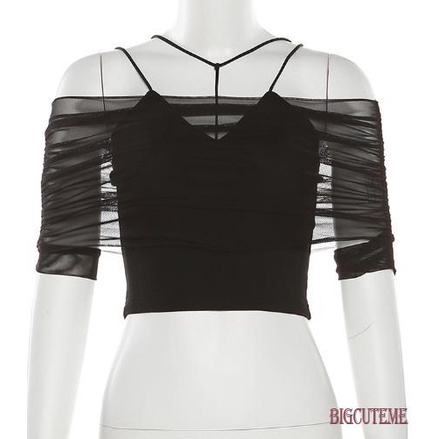 Set Áo Sát Nách Cổ Chữ V Màu Trơn + Áo Lưới Xuyên Thấu Thời Trang Nữ