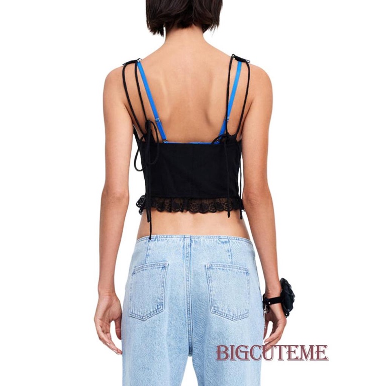[] - Áo Crop Top Không Tay Ôm Dáng Màu Trơn Cột Dây Phía Trước Phối Ren Gợi Cảm Cho Nữ