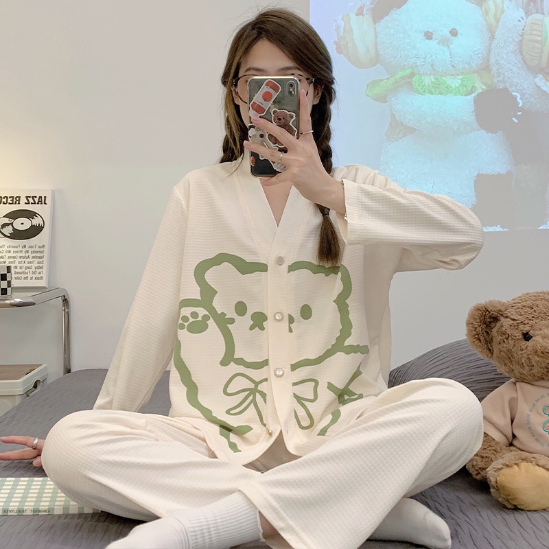 Bộ Đồ Ngủ Dài Tay Họa Tiết Hoạt Hình Đơn Giản Thời Trang Xuân Thu Cho Nữ