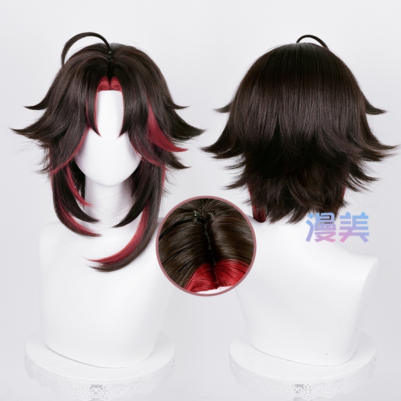 Manmei Genshin Impact Red Xiao Cosplay Wig 100cm Long Ponytail Mixed Color Hair Heat Resistant Synthetic Party Wigs + Wig Cap