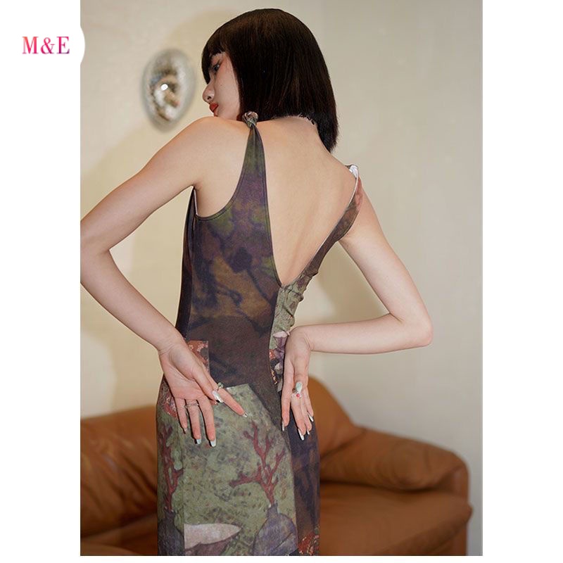 Đầm Đuôi Cá Hai Dây Cổ Chữ V In Họa Tiết Phong Cách Trung Hoa Thời Trang Xuân Hè Mới 2023