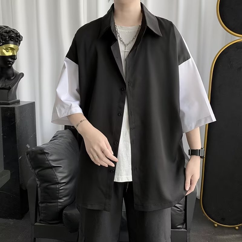 Áo Sơ Mi Tay Ngắn Dáng Rộng Vải Lụa Lạnh Cỡ Lớn Phối Màu Đen Trắng Cá Tính Cho Nam